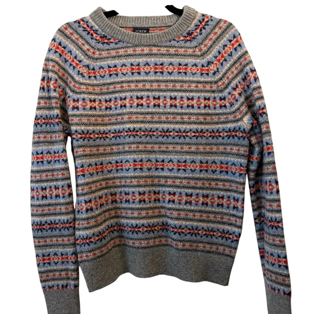 J.Crew Men's Gray and Red Fair Isle Striped Lambswool blend Sweater Size Medium